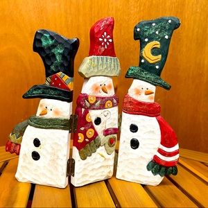 Vintage Folk Art Wooden Holiday Snowmen Decoration